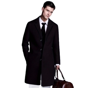 Classic men's black wool trench coat in long slim fit design with professional business style