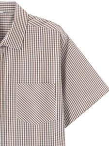 Detail of coffee and white gingham short sleeve shirt with chest pocket and pointed collar
