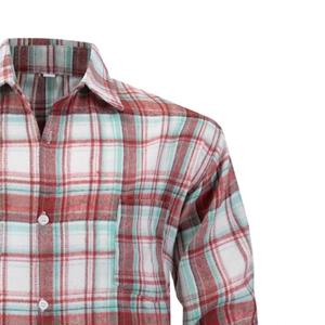 Men's casual flannel long sleeve shirt featuring a classic red and green plaid check pattern