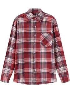 Detail of red and blue plaid cotton shirt showing classic collar and white buttons