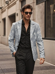 Detail of light blue textured fabric on a men's business blazer with a notched lapel