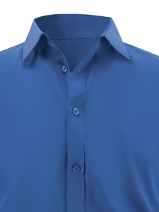 Close-up of a navy blue business shirt featuring a classic collar and neat button details