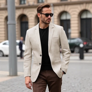 Slim fit light beige men business casual blazer with two buttons and notch lapel