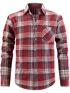 Close-up of classic red, white, and black checkered shirt with chest pocket and white buttons