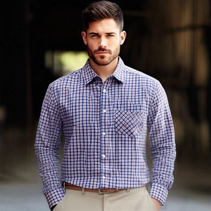 Men's blue and orange plaid long sleeve dress shirt with chest pocket and classic collar
