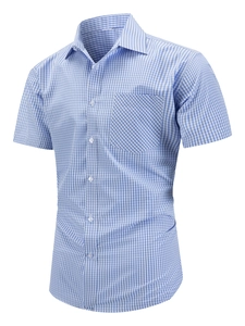 Detail view of mens short sleeve shirt with blue and white gingham pattern and chest pocket