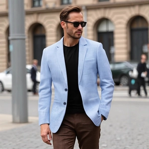 Slim fit light blue linen blazer for men with classic notched lapels and two-button closure