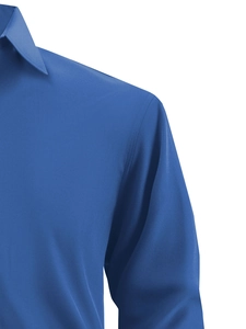 Detailed close-up of premium royal blue stretch shirt featuring classic collar and stitching