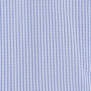 Short sleeve business casual shirt featuring blue and white fine vertical striped fabric