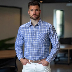 Camicia da uomo a quadretti blu e bianchi, maniche lunghe, vestibilità slim da ufficio