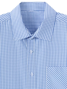 Close-up of blue and white gingham check pattern with buttons on a men's cotton shirt