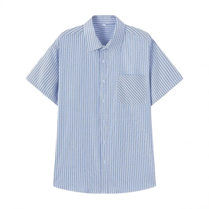 Men's blue and white vertical striped short sleeve business shirt with chest pocket