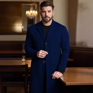 Navy blue men's wool coat with gold buttons in a professional business casual style