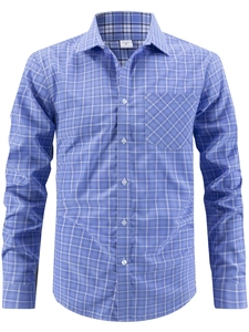 Detail of blue plaid business shirt showing button-down collar and chest pocket