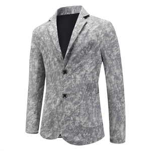 Men's grey business casual blazer with abstract marble texture and notch lapel