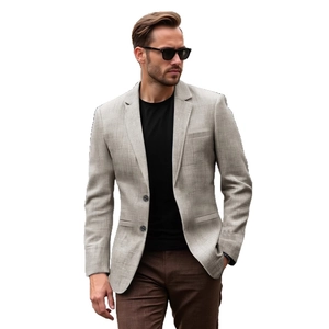 Classic light grey slim fit men's blazer with notch lapels and textured weave fabric