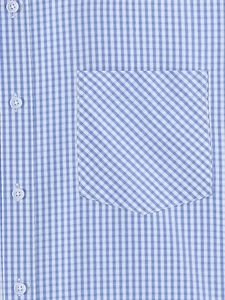 Close-up of blue gingham shirt showing fabric texture, white buttons and chest pocket
