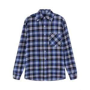 Classic blue and black plaid long sleeve flannel shirt with chest pocket for men