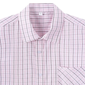 Men's US size pink and black plaid short sleeve shirt with chest pocket and lapel collar