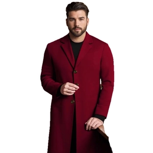 Men's slim fit burgundy wool blend overcoat with classic notched lapels and button front
