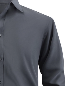 Detail of dark gray business shirt collar with premium fabric texture and buttons