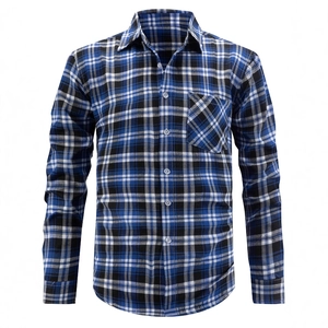 Classic blue and black plaid long sleeve shirt for men with a slim fit and front pocket