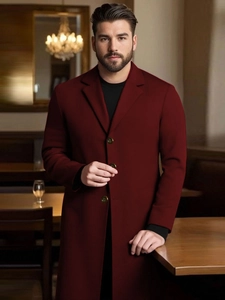 Elegant men's slim fit wool blend coat in burgundy red with stylish notched lapel design