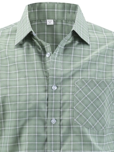 Close-up of men's green plaid shirt collar and diagonal chest pocket with buttons