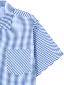 Detail of light blue gingham short sleeve shirt showing collar and diagonal pocket pattern