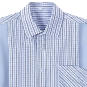 Men's blue and white striped button-down short sleeve shirt with contrast pocket