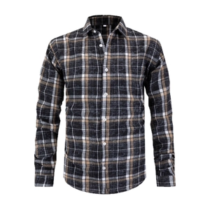 Slim fit plaid long sleeve shirt for men with black brown and white checkered pattern