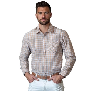 Camicia da uomo slim-fit a quadri a maniche lunghe con colletto classico e taschino in arancione
