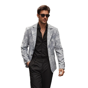 Men's modern business casual light grey marble print suit jacket with two-button design