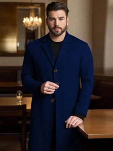 Slim fit navy wool coat for men with stand collar and long trench coat style for winter