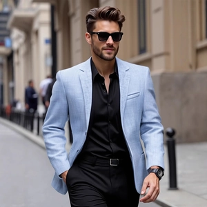 Slim fit light blue men's casual blazer jacket with a stylish textured finish