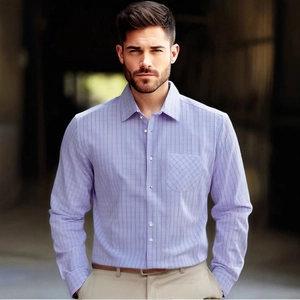 Chemise business classique à carreaux pour hommes en lavande à manches longues et poche