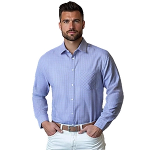 Men's light blue long sleeve business casual plaid shirt with fine white square patterns