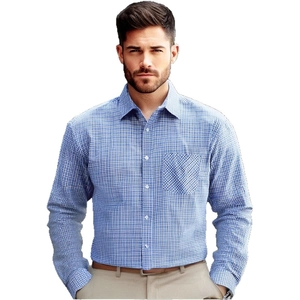 Navy and white checkered business casual long sleeve shirt with front pocket for men