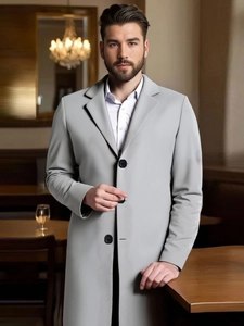 Elegant slim fit men's light grey wool coat with notch lapel and classic design