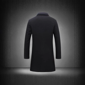 Classic men's single-breasted mid-length wool coat in solid navy blue back view