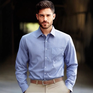 Chemise à carreaux bleus pour hommes, style chic et décontracté à manches longues
