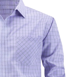 Men's light purple plaid long sleeve business shirt with button-down collar and chest pocket
