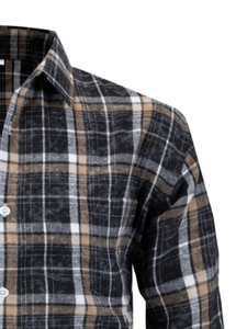 Macro shot of striped collar and thick flannel fabric texture on men's long sleeve shirt