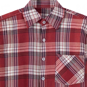 Classic men's long-sleeve plaid shirt in red, white and navy with front pocket and collar