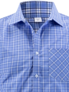 Detail of the US size M label and diagonal plaid pocket stitching on the blue shirt
