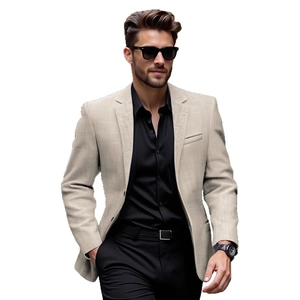 Men's light beige casual suit jacket in slim fit for spring, styled with black shirt