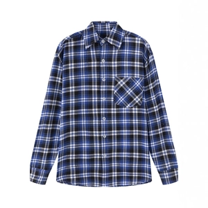 Classic blue and black plaid long sleeve flannel shirt with chest pocket for men