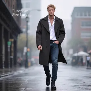 Manteau Homme à Double Boutonnage en Mélange de Laine Coupe Ajustée Trench-coat Long Business Décontracté Style Britannique
