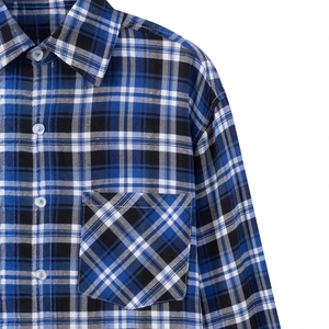 Classic blue and black plaid flannel shirt with a lapel collar and chest pocket