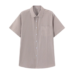 Men's Short Sleeve Gingham Plaid Shirt Polyester Rayon Non-Iron Business Casual Button Down Top With Chest Pocket For Men